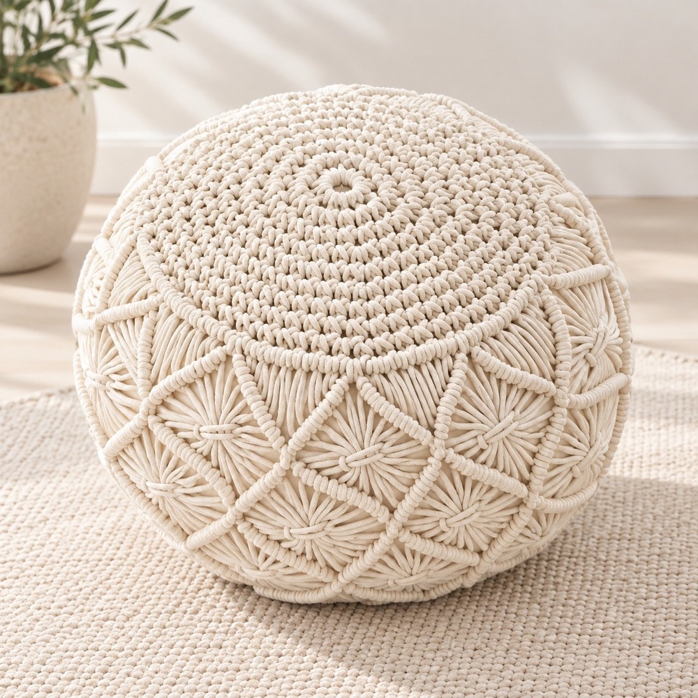 Cream Macrame Round Pouf Ottoman Boho Hand Knotted Cotton Floor Footstool 15x12